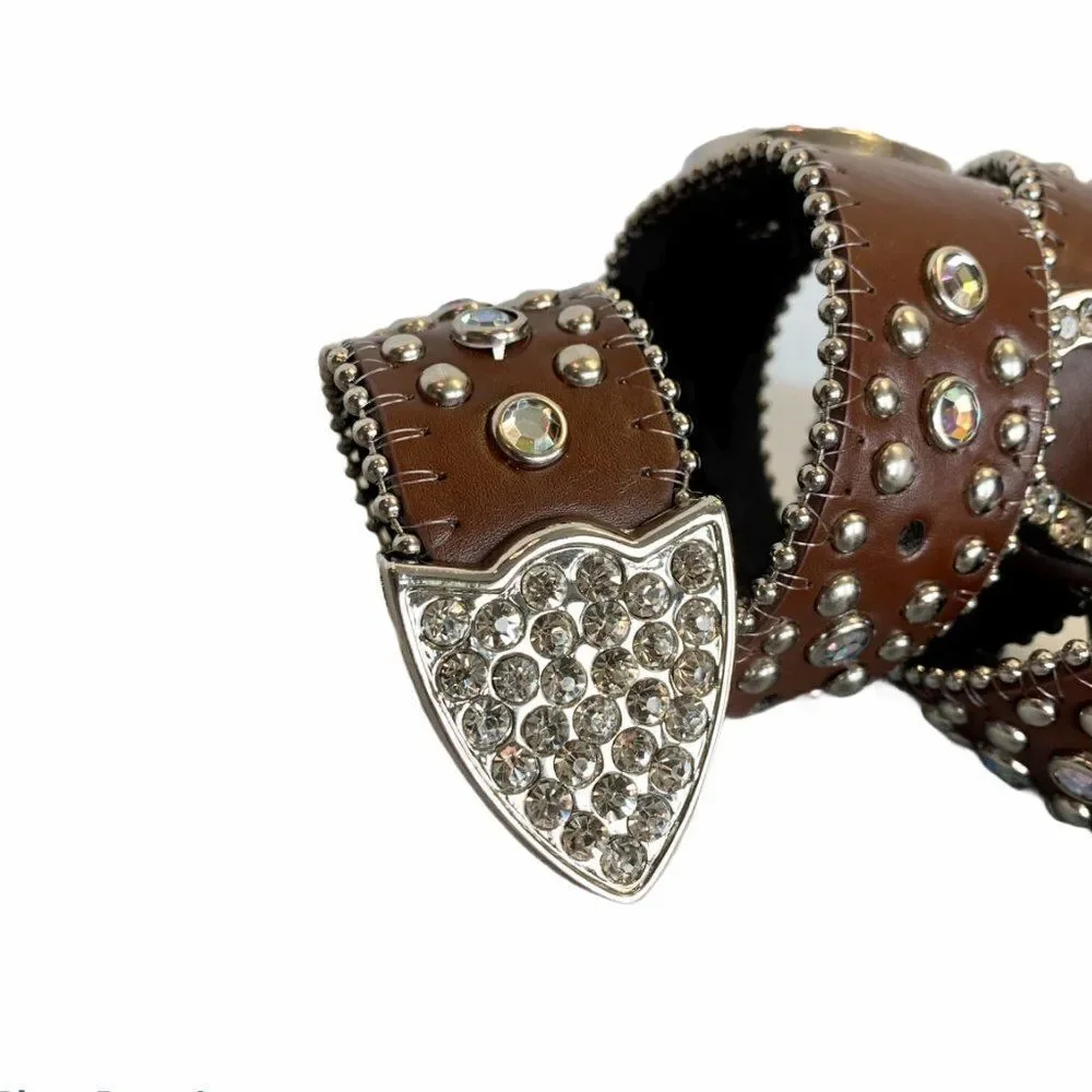 BROWN leather rhinestone horse shoe embellished